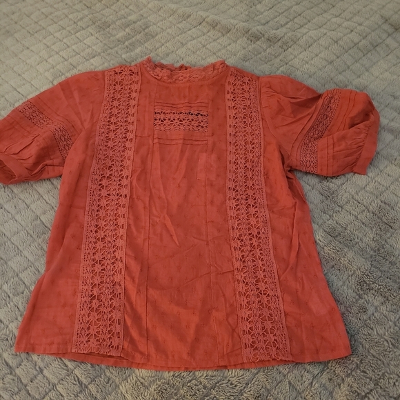 *NEW WOMEN'S COTTAGE CORE PEASANT PUFF SHOULDER CROCHETED TERRACOTTA SMALL - Picture 2 of 6